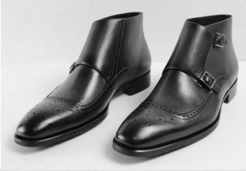 Men's Handmade Latest Double Monk Straps with Brogues Leather Boots For Men