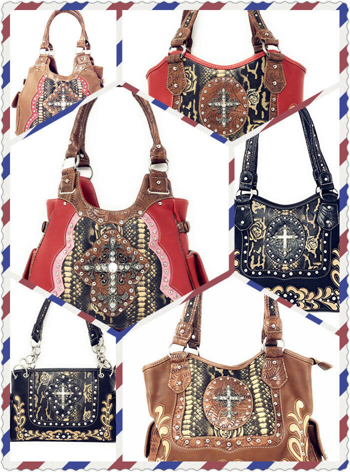 Western Rhinestone Cross Concealed Carry Leather shoulder Handbags in 6 colors.