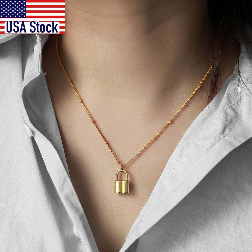 Simple Lock Pendant Chokers Necklaces Gold Filled Satellite Beaded Ball Chain Da