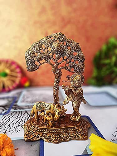 Brianna Craftomanic Metal Krishna with Cow and Calf Standing Under Tree Playing