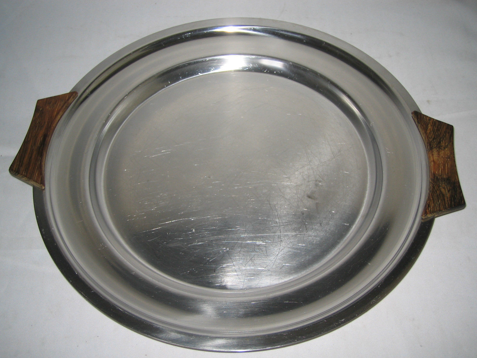 Primary image for Mid Century Modern 12" Round Stainless Danish Tray Plate Platter Teak Handles