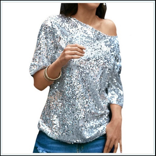 Silver Sparkling Sequined Shimmer Short Sleeve Off Shoulder Tank Tee Shirt Top