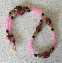 Elegant Red, Pink & Gold Oriental Cherry Blossoms Style 22inch Beaded Necklace - $8.50
