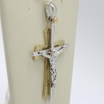 SOLID 18K WHITE YELLOW GOLD PENDANT DOUBLE CROSS, JESUS, SATIN, MADE IN ITALY image 2