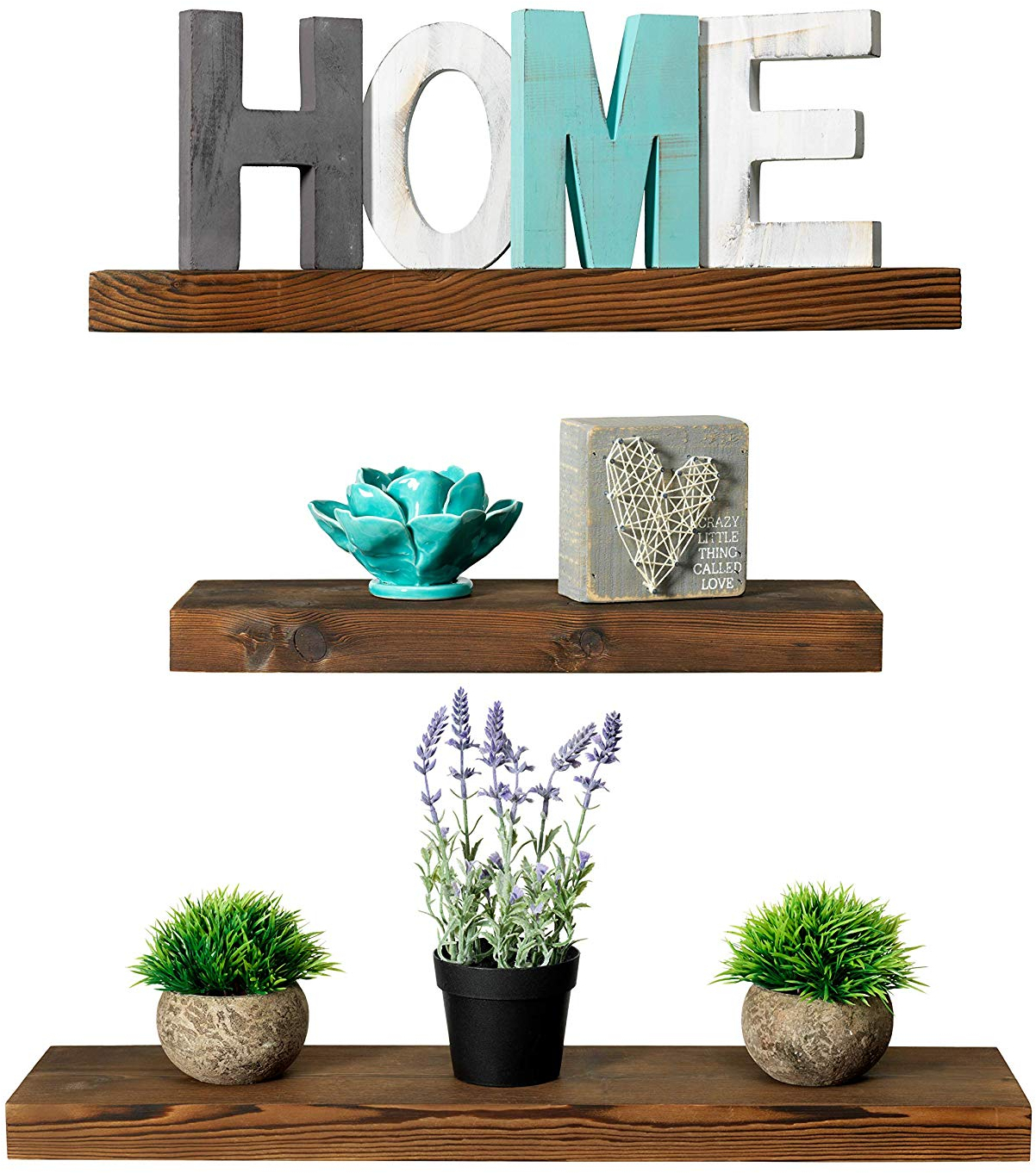 Rustic Farmhouse 3 Tier Floating Wood Shelf Floating Wall Shelves (Set Of 3), Wall Shelves