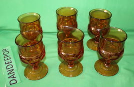 Vintage 6 Piece Amber Glass Thumbprint Kings Crown Pedestal Glassware Ba... - $64.34