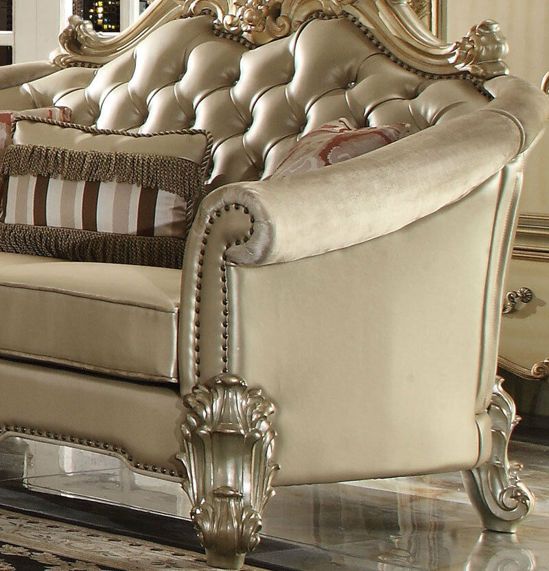 Traditional Gold Wood Trim & Ivory Faux Leather Living Room Sofa Couch
