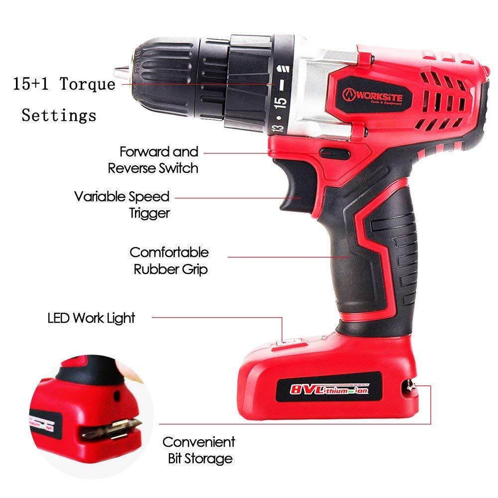 8V Electric Cordless Drill Screwdriver with 1300mA LithiumIon Battery