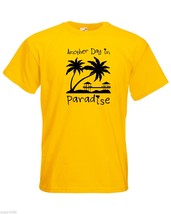 Mens T-Shirt Sunset Beach Palms & Bungalows, Quote Another Day Paradise Shirts - $24.74