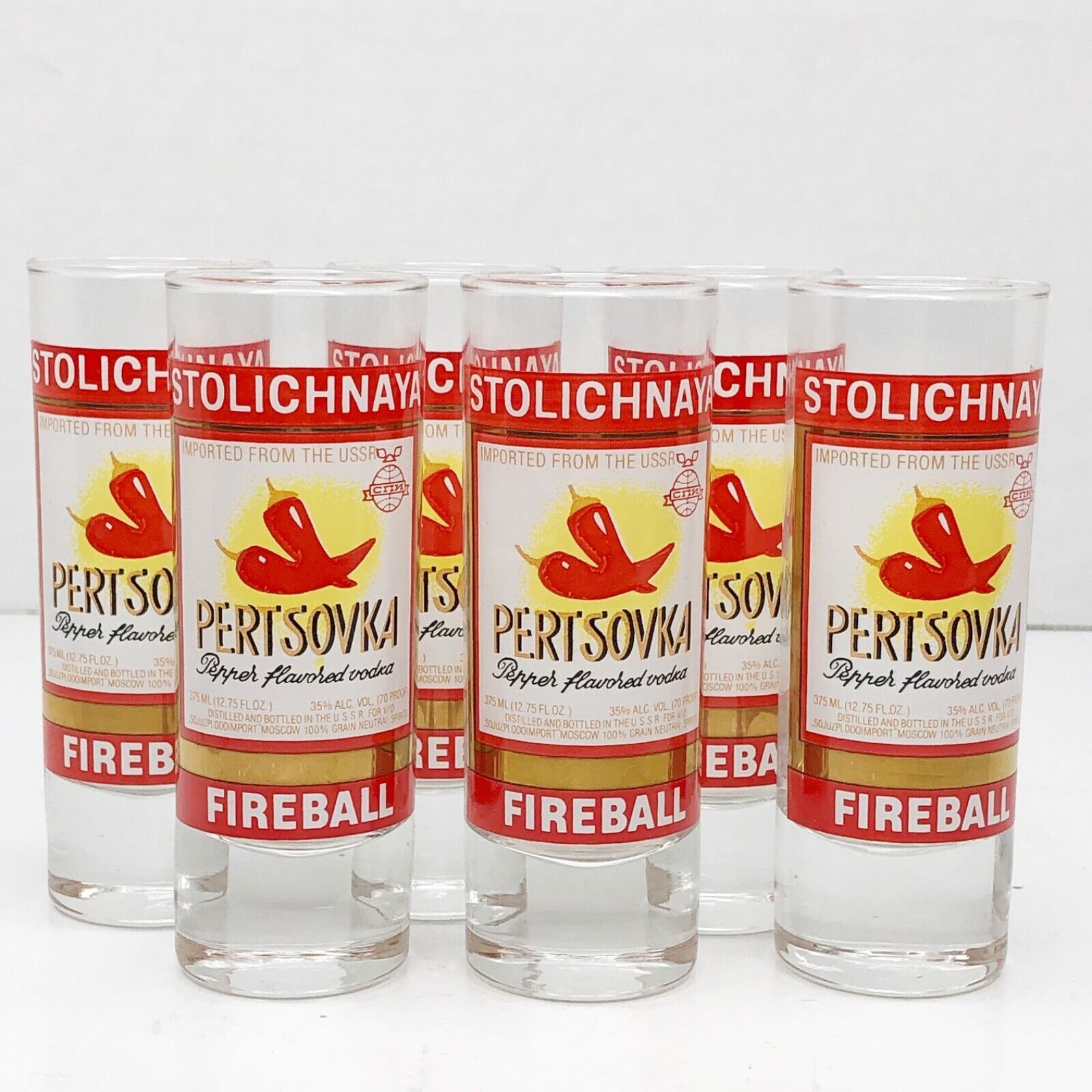 SET OF 6 Stolichnaya Stoli Pertsovka Fireball Vodka 4" Shot Glass 2 Oz