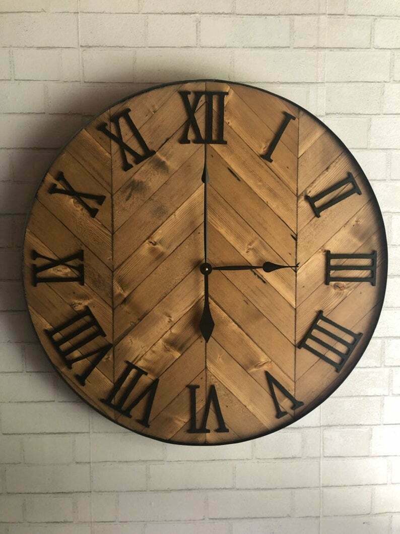36" Rustic Wood Herringbone Clock for Home or Office, Farmhouse Kitchen