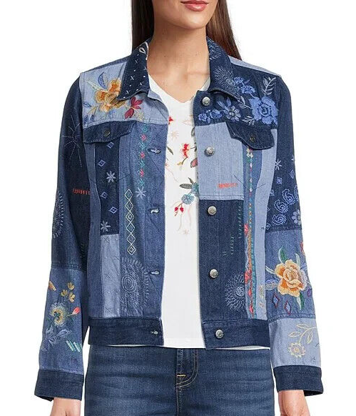 Johnny Was Taryn Embroidered Patchwork Denim Jacket Size M Denim Blue