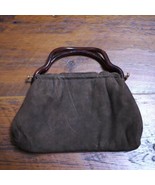 Vtg 70s Brown Leather Suede Faux Amber Handle Granny Bermuda Purse Handbag - $25.49