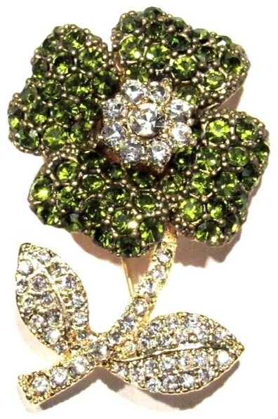 Primary image for Flower Pin Brooch Olive Green Clear Crystal Goldtone Metal Spring Summer Theme