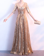 Women Long Sequin Dress Outfit Half Sleeve Wedding Gold Sequin Dress Plus Size