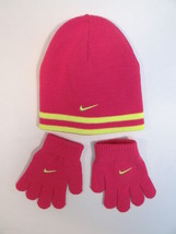 Nike Swoosh Pink & Yellow Knit Beanie & Knit Stretch Gloves Youth Girls 4-6X NWT - $25.98