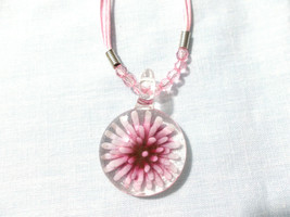 Pink and Pastel Pink Burst Glass Pendant on 16&quot; 4 Strand Pink Cord with ... - $8.50