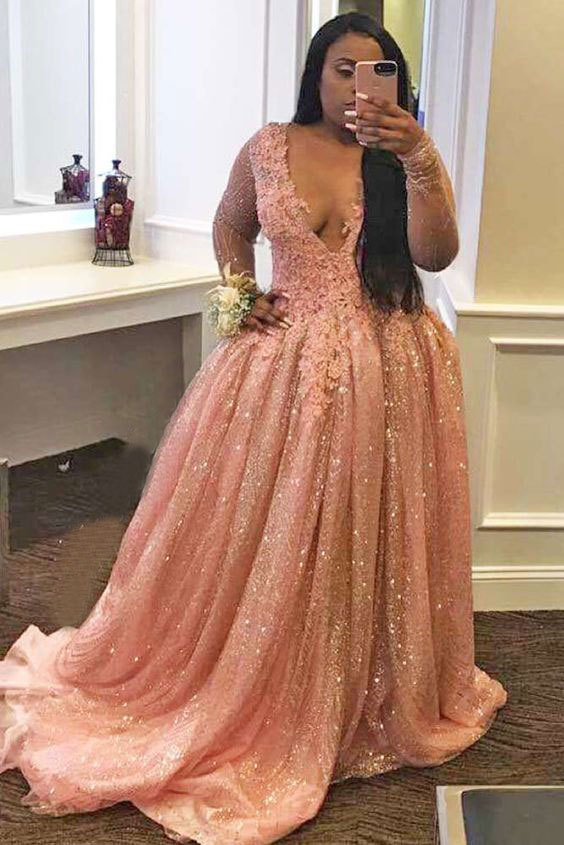 Plus Size Long Sleeves Pink Prom Dresses