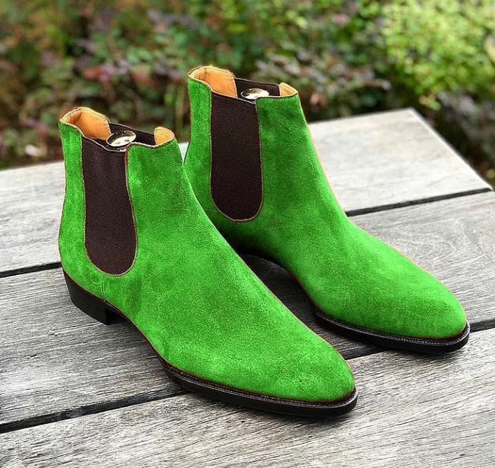 Handmade Limited Edition Parrot Green Suede Chelsea Ankle Dress Christmas Boot
