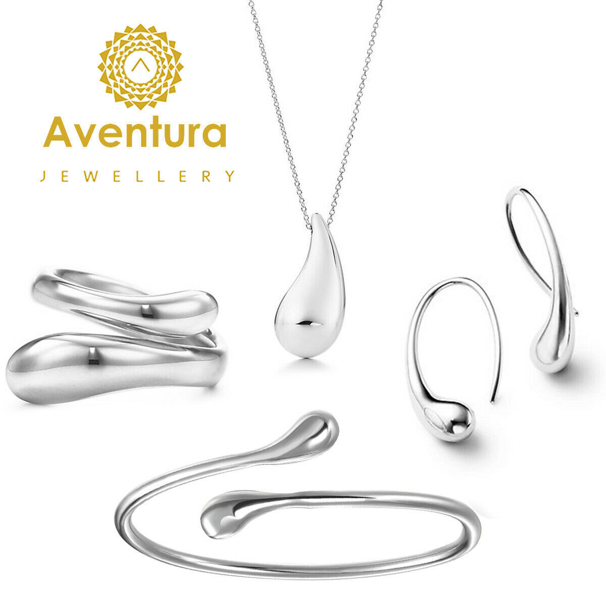 4 Piece Teardrop Bangle Earring Necklace and Ring Set- 18K White Gold ITALY MADE