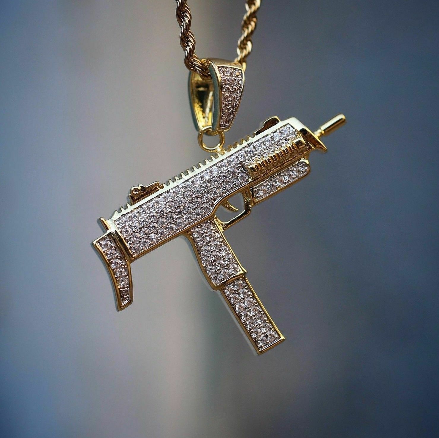 1.1Ct Brilliant Round Cut Diamond Uzi Hand Gun Pendant 14K Yellow Gold