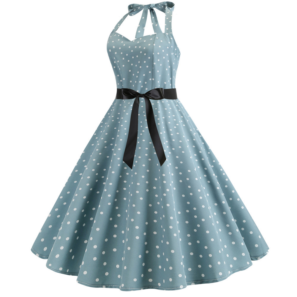 Halter backless polka dot printed Women's retro A-line pendulum Dresses #JY13577