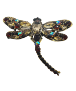 DRAGONFLY BROOCH Pin Pendant Rootbeer AB Rhinestone Gold Tone Costume Je... - $12.60