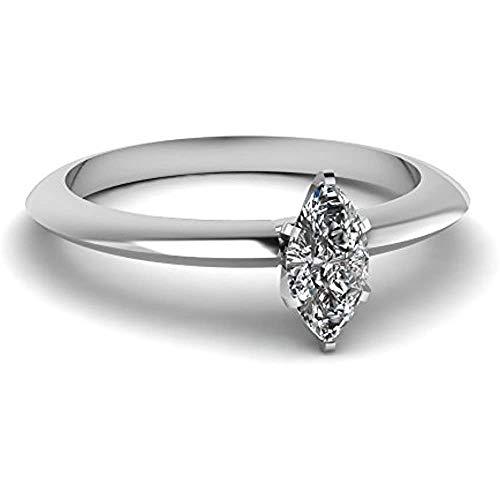 14K White Gold Plated Marquise Cut Created Diamond Knife Edged Solitaire Ring