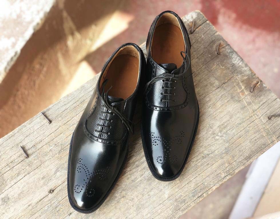 Handmade Men's Black Brogue Toe Leather Lace Up Shoes, Men Designer ...