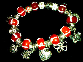 8" Sterling Silver Red and White Pandora Style w/lots of charms Bracelet - $35.00