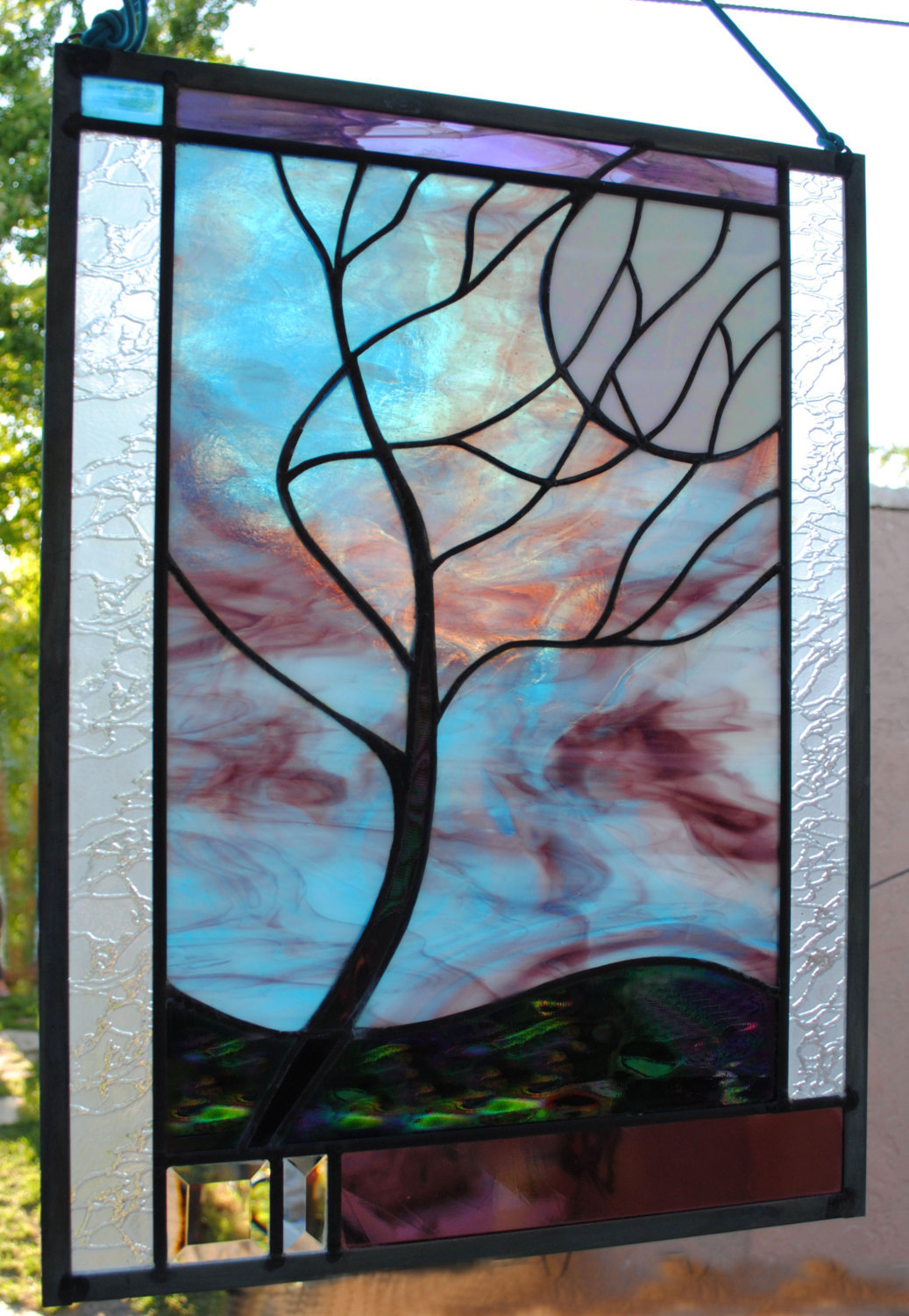 Stained Glass Window Panel Moonlit Tree Stormy Night Turquoise Purple Black Stained Glass
