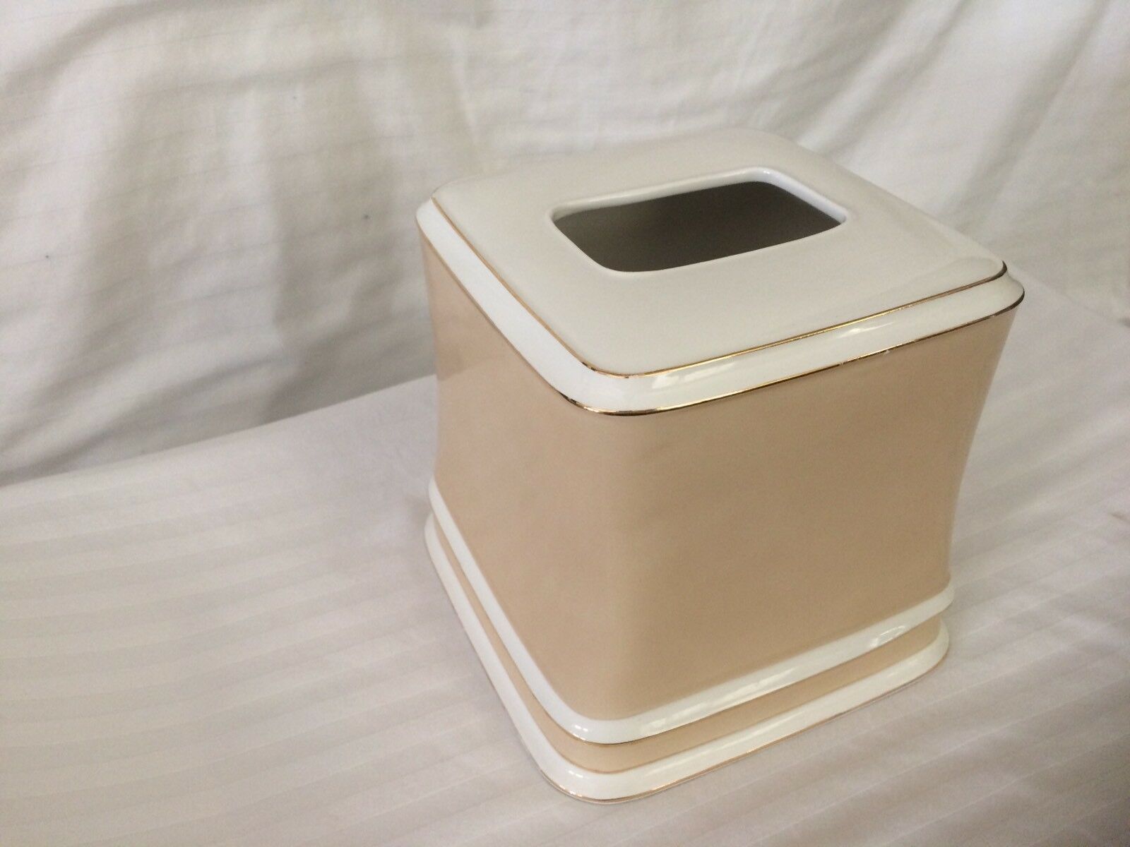 Ceramic Kleenex Tissue Box Cover White Satin & Beige w/Gold Pinstripes