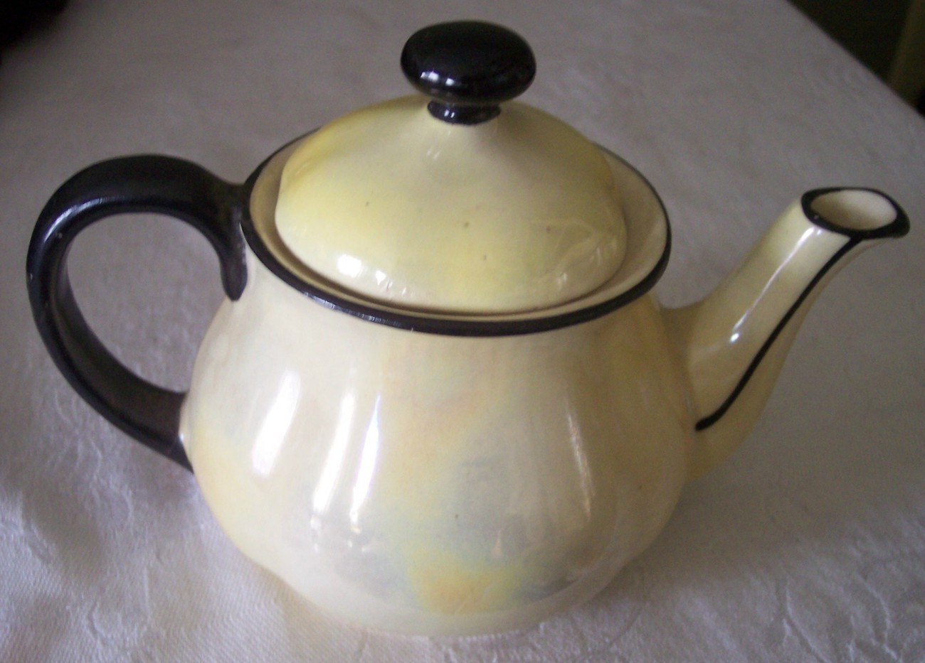 Vintage Czech Small Yellow Teapot Iridescent Pearlware w/Black Trim