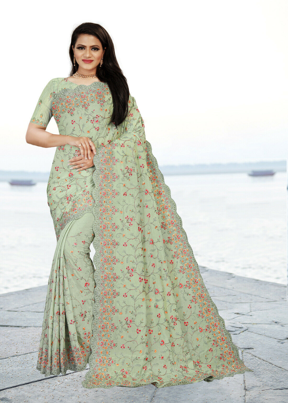 Designer Pista Resham Glitter Coding Embroidery Sari Chiffon Wedding Wear Saree