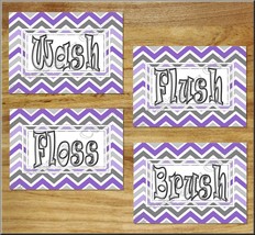 Kids Purple Gray White Chevron Bathroom Wall Art Picture Prints Flush Wash Brush - $14.95