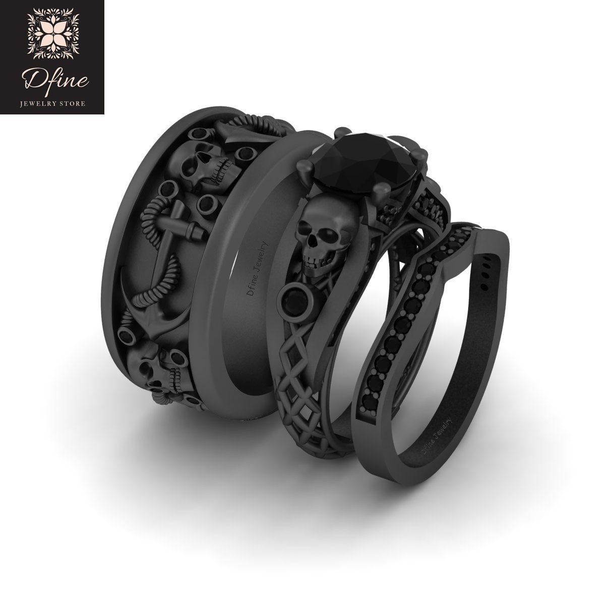 Black Onyx Wedding  Ring  Set His and Her  Skull  Anchor 