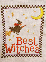 Halloween finished cross stitch Best Witches broom moon beaded stars new - $24.95