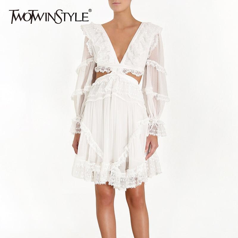 Twotwinstyle Lace Patchwork Dress For Women V Neck Lantern Sleeve Hollow Out Hig Dresses 