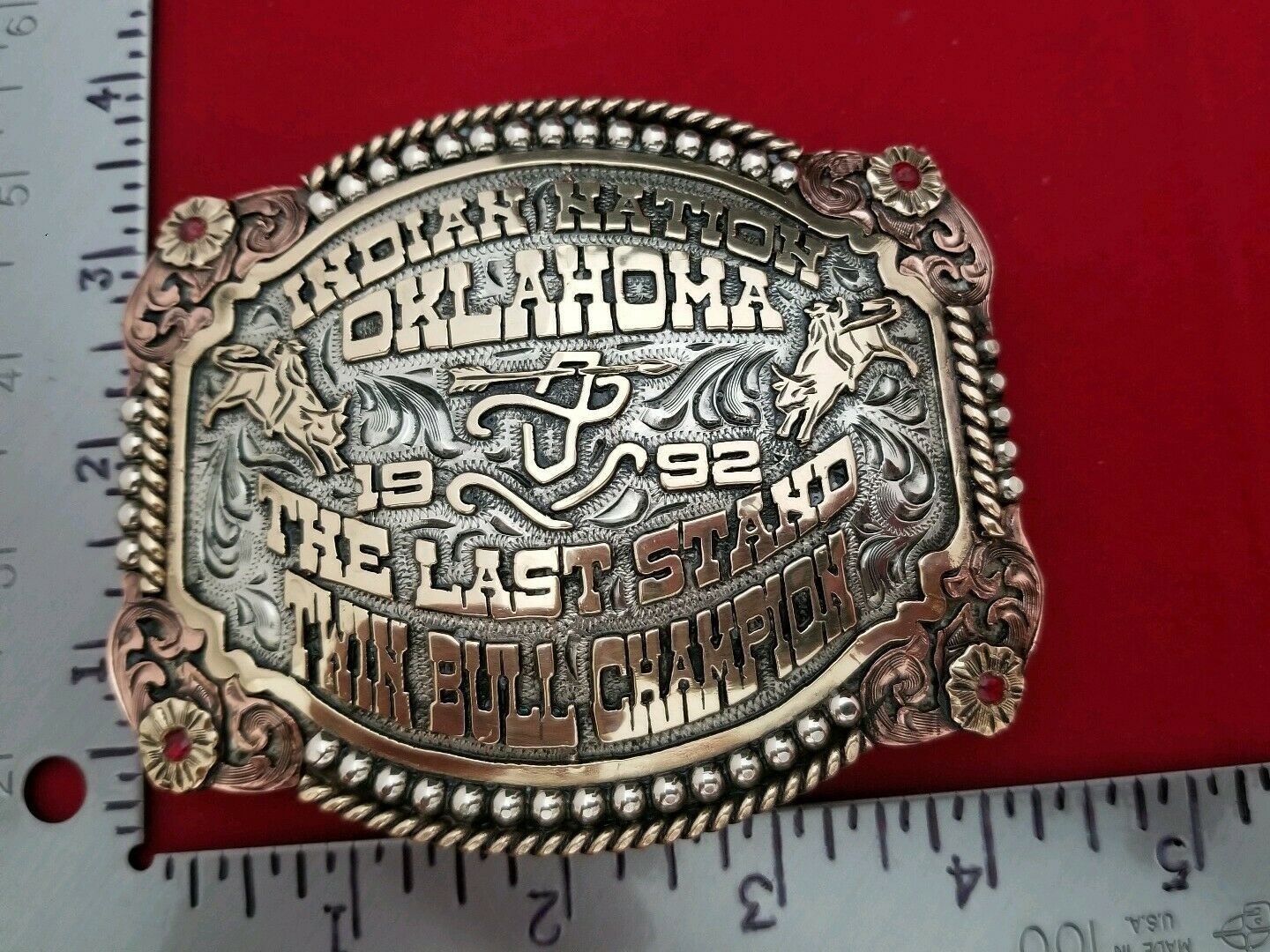 1992 RODEO TROPHY BELT BUCKLE VINTAGEINDIAN NATION OKLAHOMA BULL