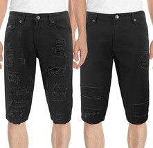 Men's Slim Cotton Blend Denim Ripped Distressed Tapered Black Jean Shorts