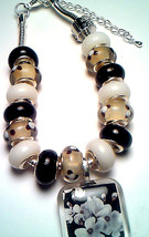 Pandora Style Black and White Sterling Silver Bracelet with glass tile pendant S - $20.00