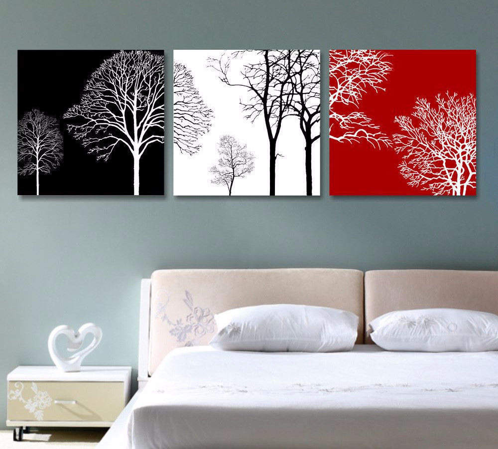 Trees Red Black White 3 Piece Canvas Wall Art Home Decor Framed ...