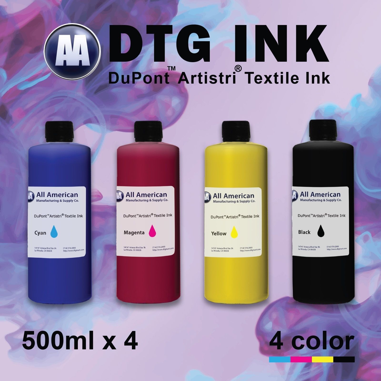 DTG Ink CMYK 500ml x4 Dupont Artistri Digital Ink for Direct to Garment ...