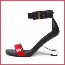 Patent Leather Red Strap Over Toe Black Ankle Buckle Stiletto High Heel Sandals