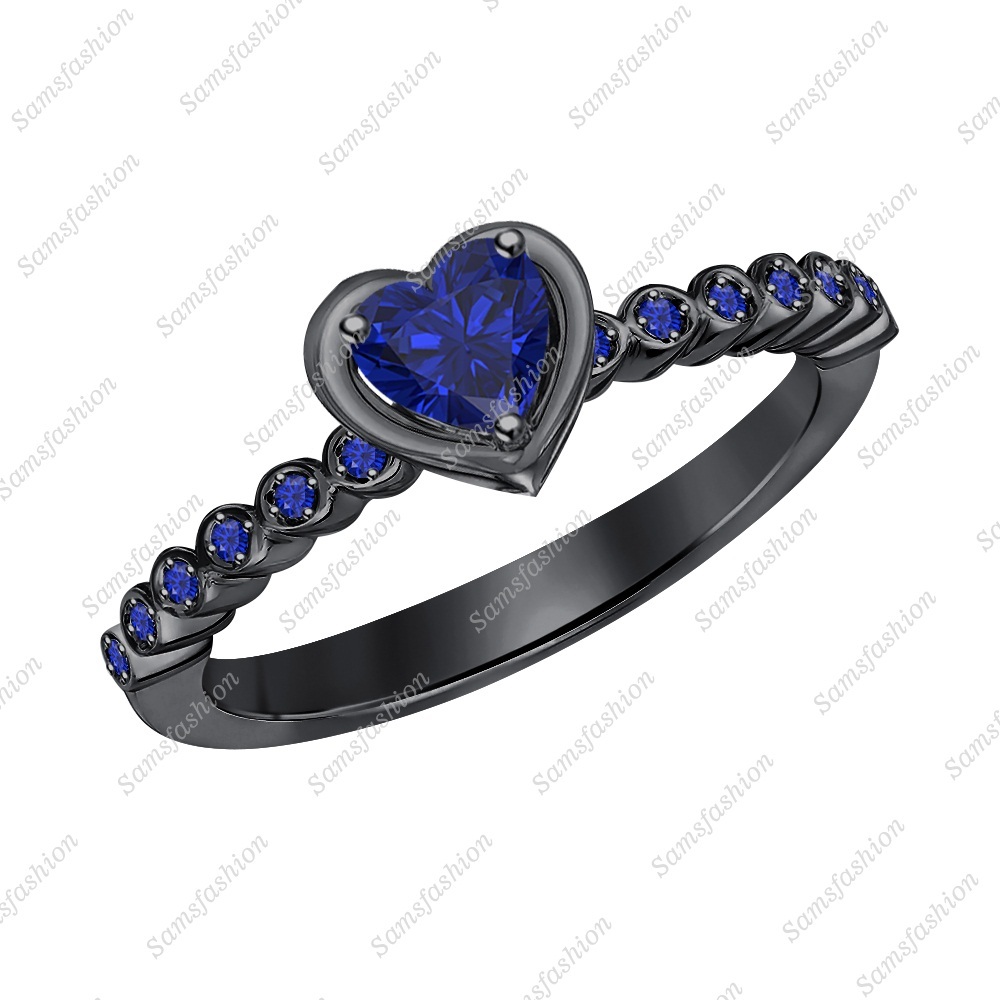Women's Heart Cut Blue Sapphire 14k Black Gold Over 925 Silver Promise Band Ring