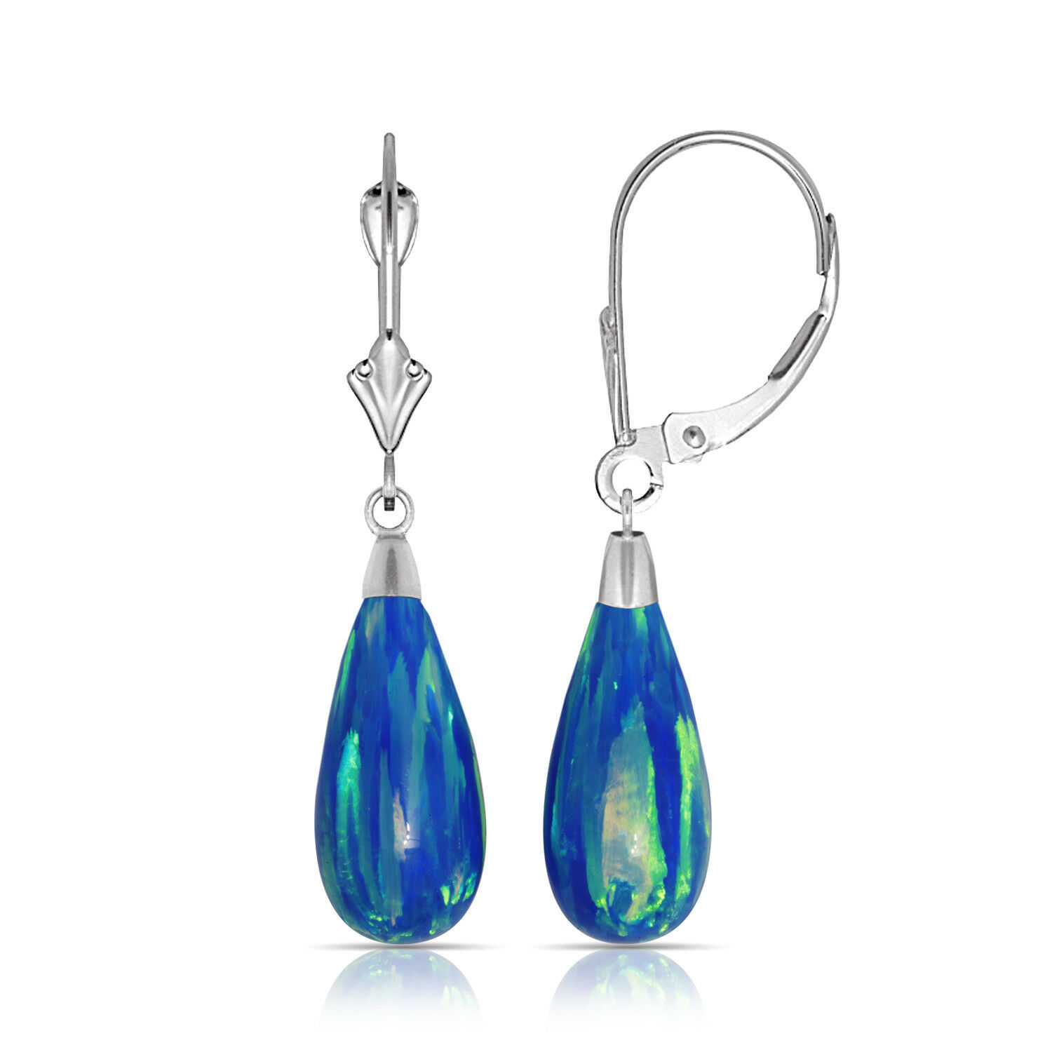 14K White Gold Tear Drop Shaped Dark Blue Fire Opal Lever back Dangle Earrings  - $94.03