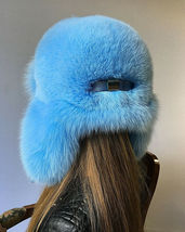 Arctic Fox Fur Hat Light Blue Full Fur Aviator Hat Ushanka Hat Trapper Fur Hat image 7