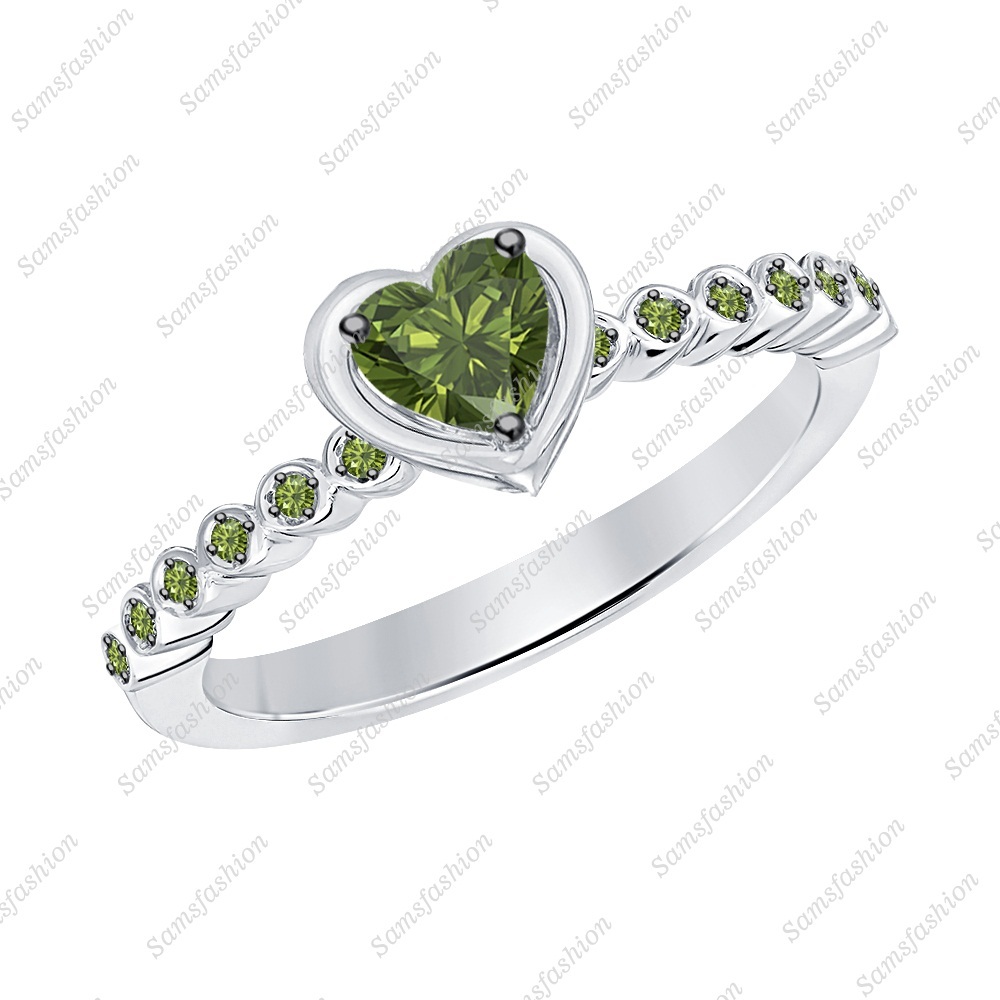 Women's Heart Shaped Green Tourmaline 14k White Gold Over 925 Promise Band Ring