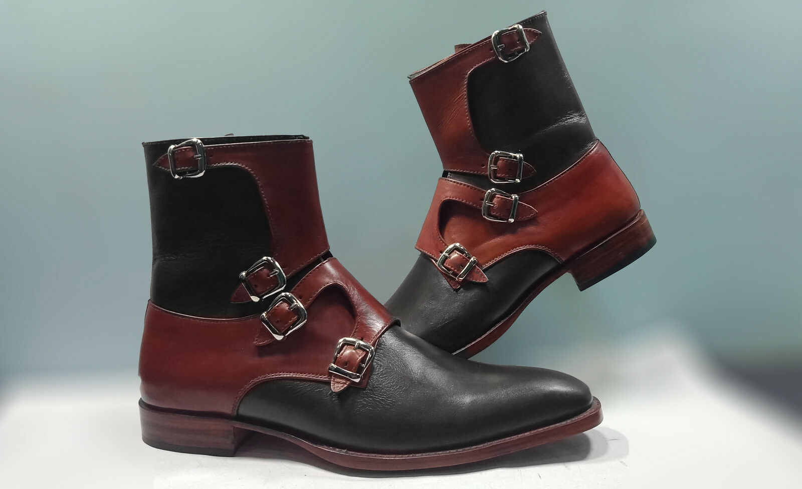 Men's Two Tone Tetra Monk Buckle Straps Ankle Maroon Black Leather Boots US 7-16