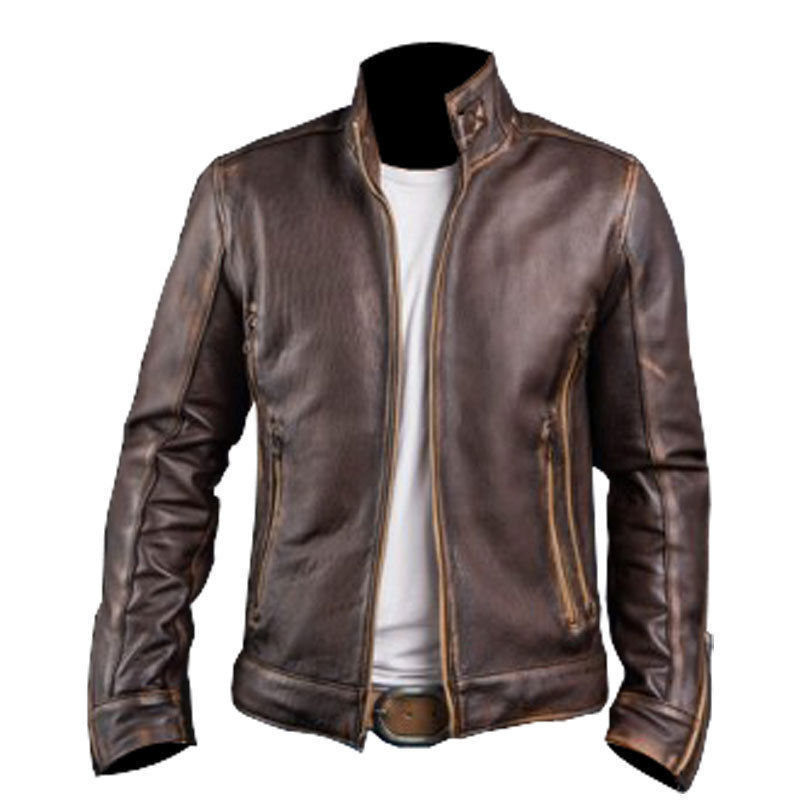 Mens Brown Slim Fit Cafe Racer Motorbike Vintage Biker Distreesed Leather Jacket